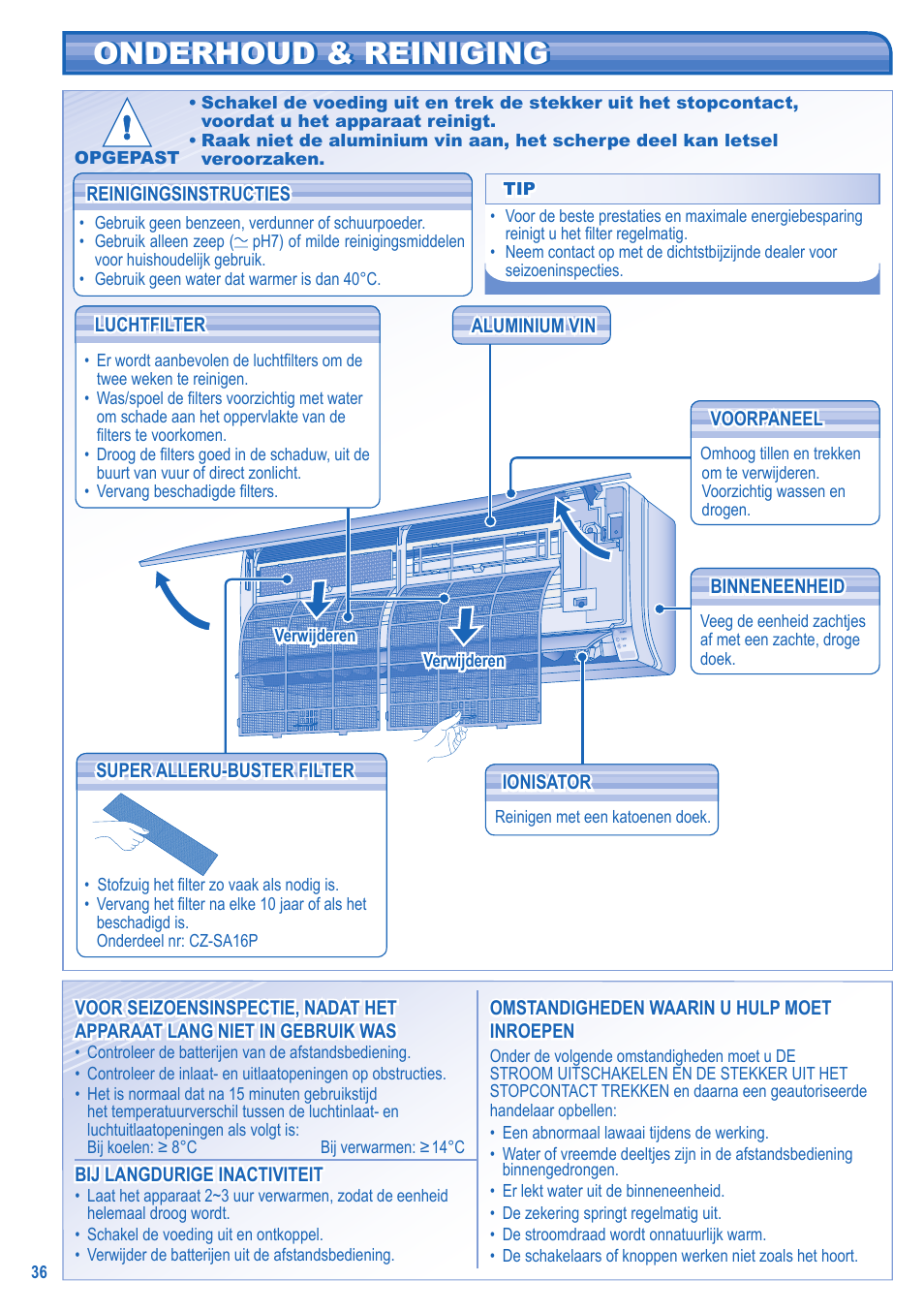 Onderhoud & reiniging | Panasonic CSTE15HKE User Manual | Page 36 / 56
