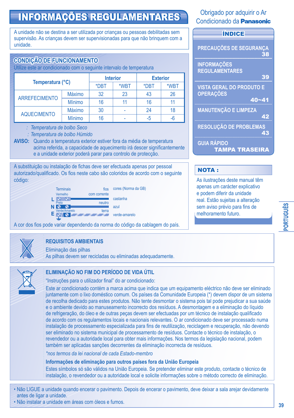 Informações regulamentares, Obrigado por adquirir o ar condicionado da | Panasonic CSTE15HKE User Manual | Page 39 / 56