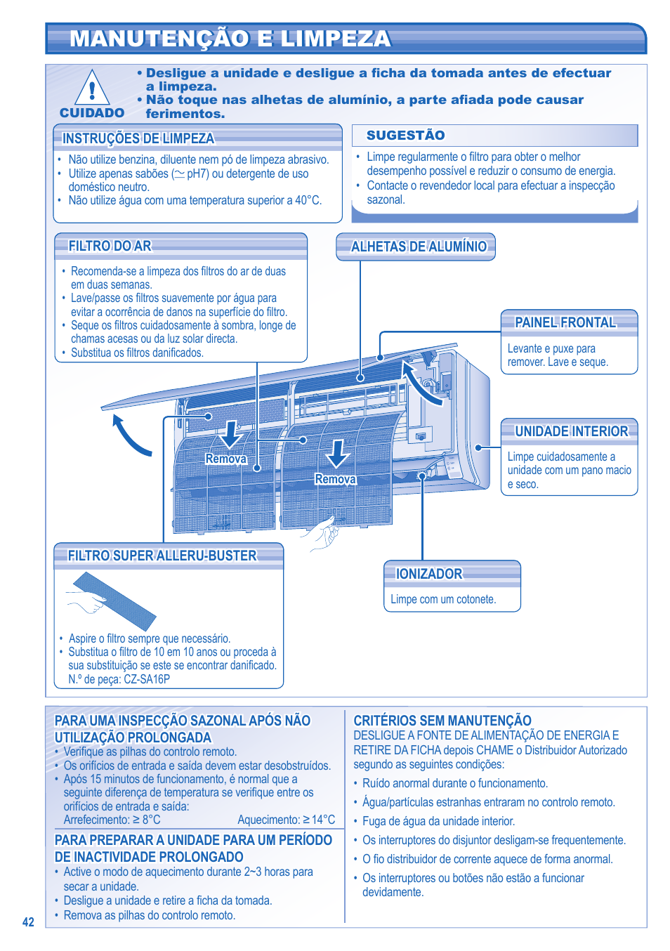 Manutenção e limpeza | Panasonic CSTE15HKE User Manual | Page 42 / 56