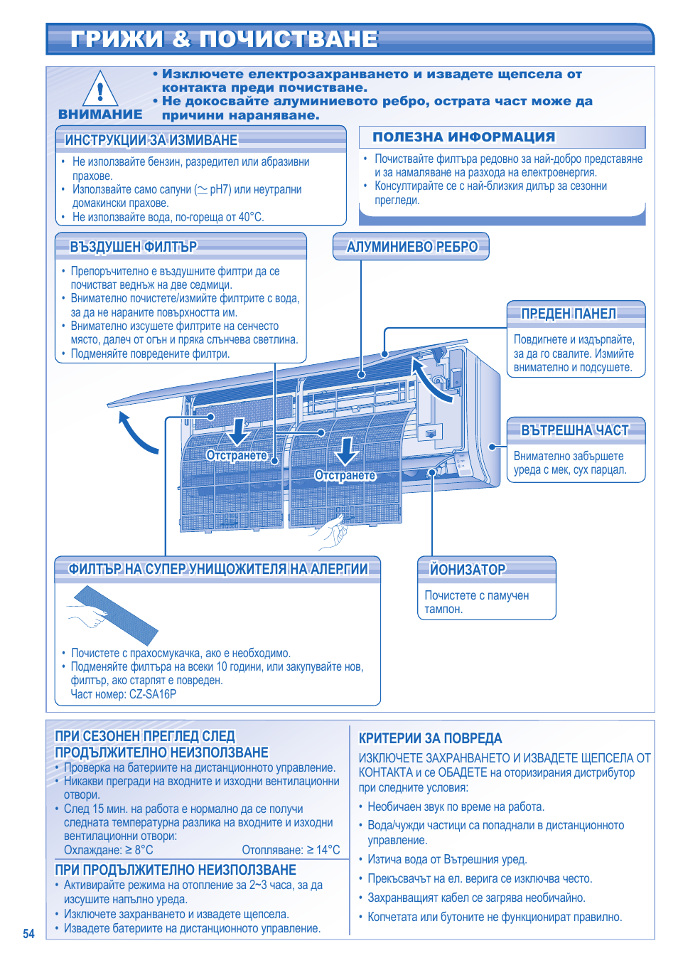 Грижи & почистване | Panasonic CSTE15HKE User Manual | Page 54 / 56