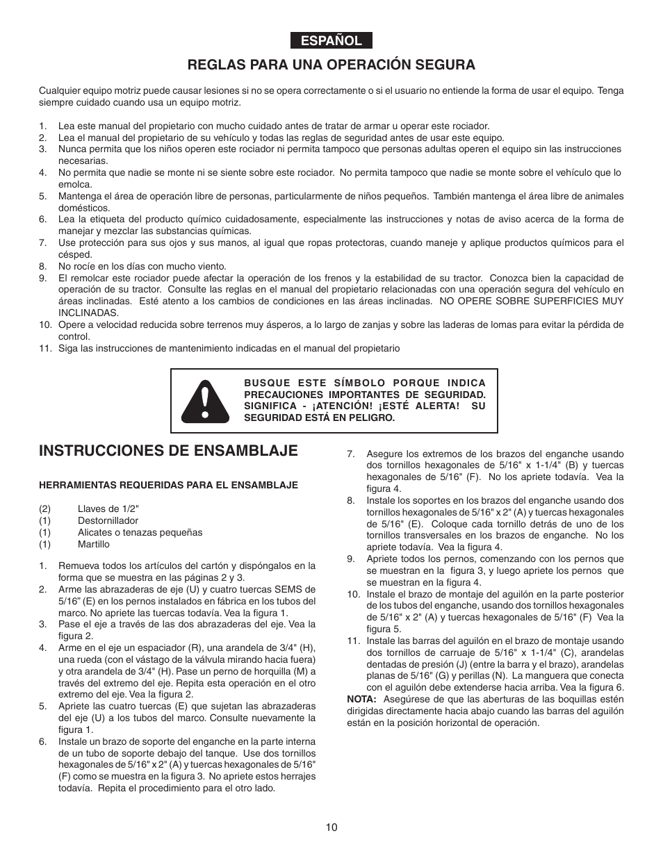 Instrucciones de ensamblaje, Reglas para una operación segura, Español | Agri-Fab 45-02932 User Manual | Page 10 / 20