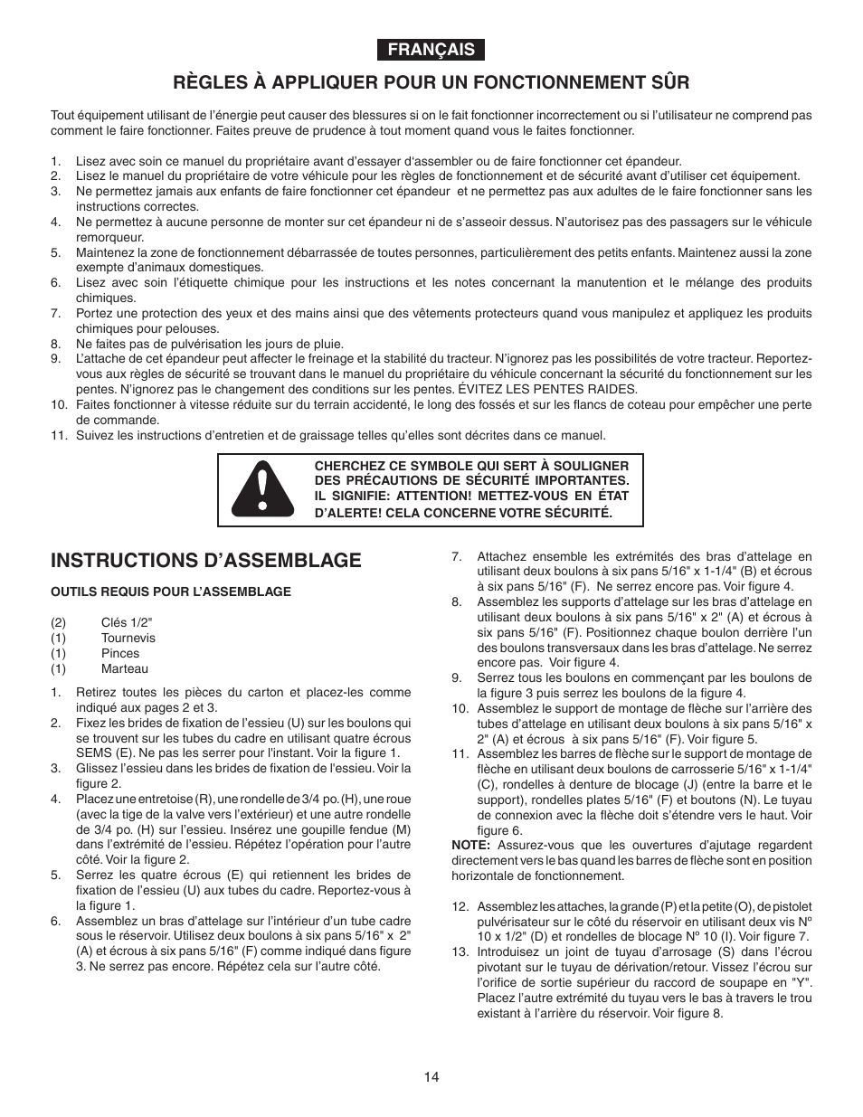 Instructions d’assemblage, Règles à appliquer pour un fonctionnement sûr, Français | Agri-Fab 45-02932 User Manual | Page 14 / 20