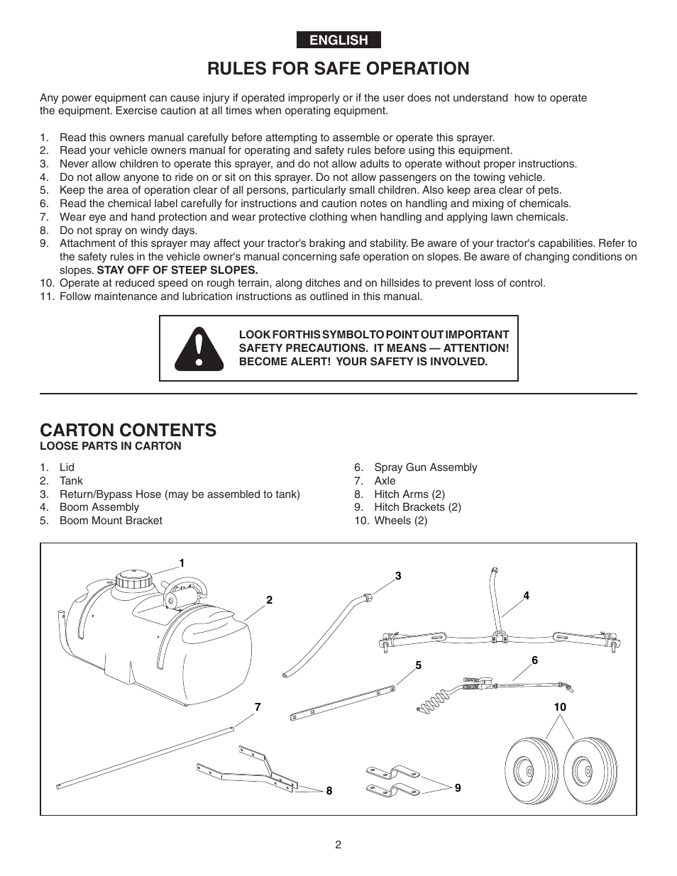 Rules for safe operation, Carton contents | Agri-Fab 45-02932 User Manual | Page 2 / 20