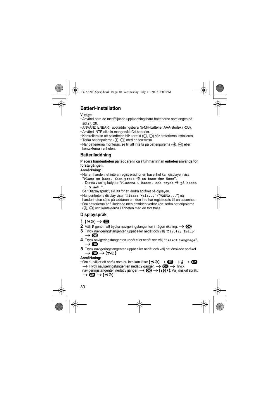 Batteri-installation | Panasonic KXTGA820EX User Manual | Page 30 / 84