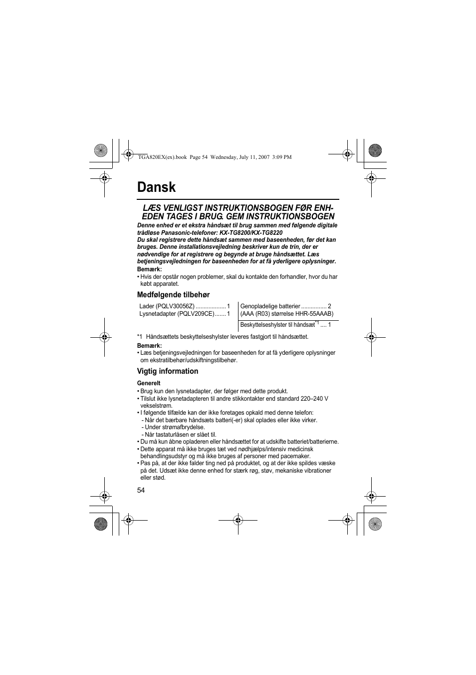 Dansk | Panasonic KXTGA820EX User Manual | Page 54 / 84