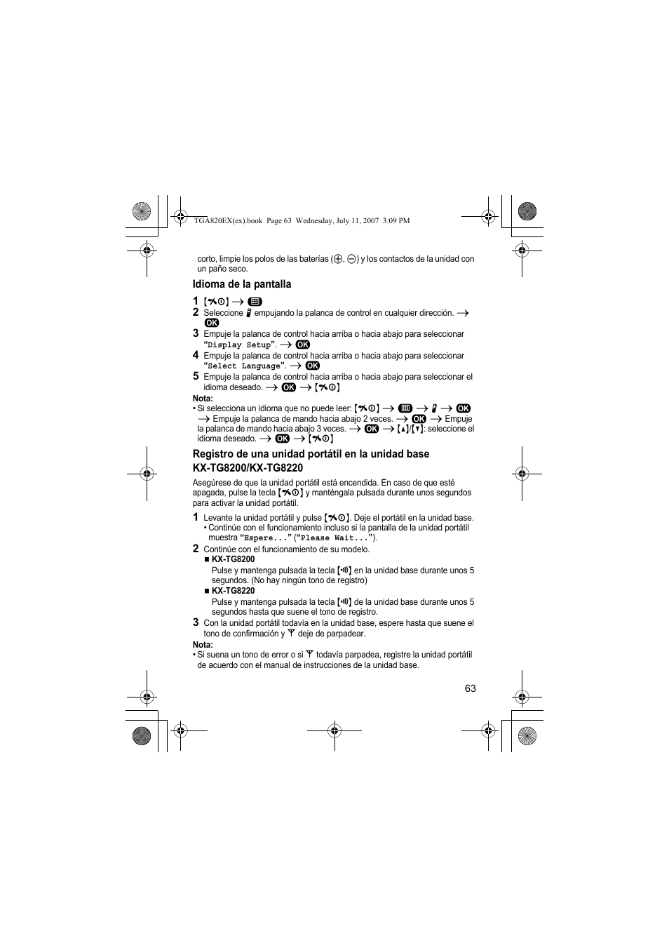 Idioma de la pantalla | Panasonic KXTGA820EX User Manual | Page 63 / 84