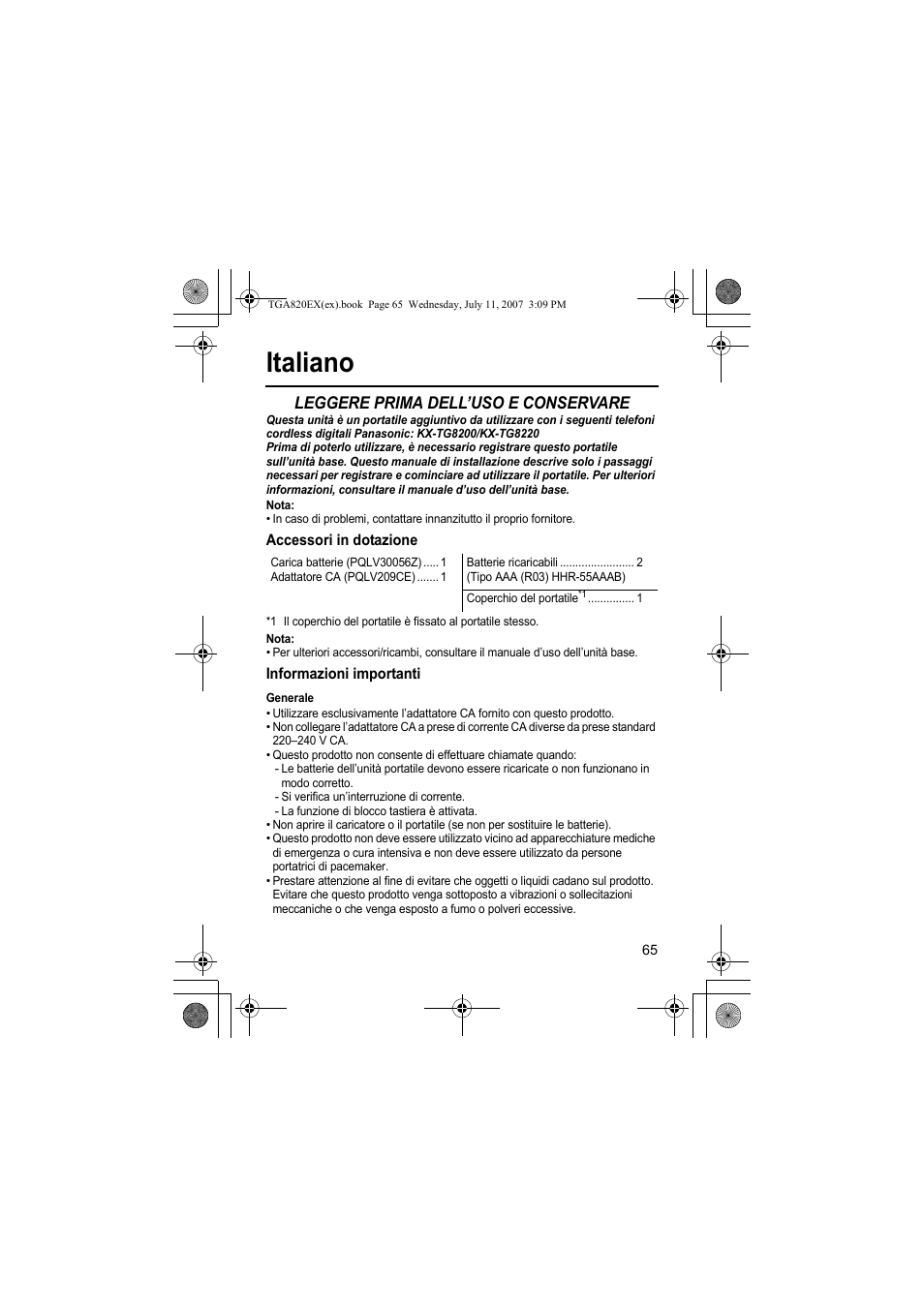 Italiano, Leggere prima dell’uso e conservare | Panasonic KXTGA820EX User Manual | Page 65 / 84