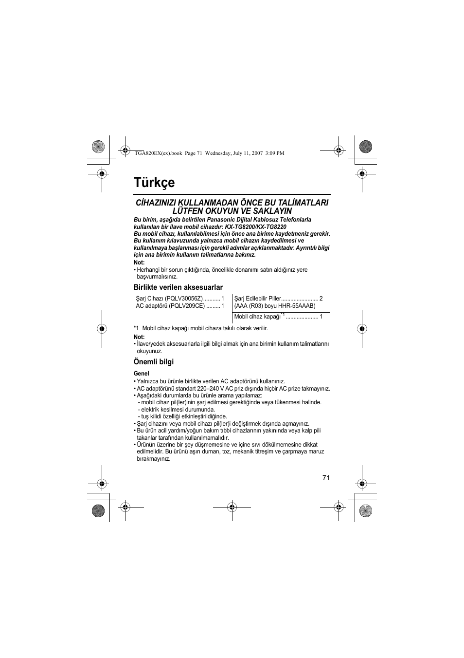 Türkçe | Panasonic KXTGA820EX User Manual | Page 71 / 84