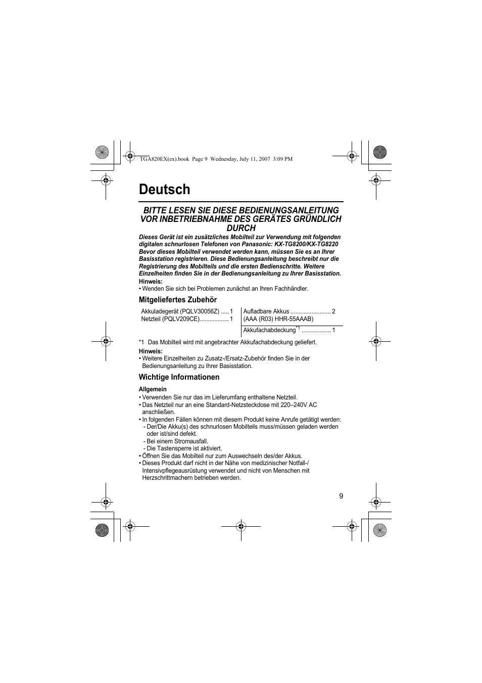 Deutsch | Panasonic KXTGA820EX User Manual | Page 9 / 84