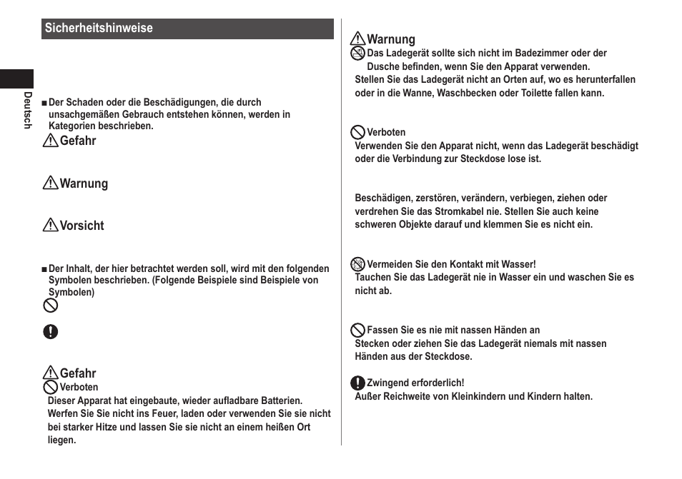 Sicherheitshinweise, Gefahr, Warnung | Vorsicht | Panasonic EWDJ40 User Manual | Page 12 / 172