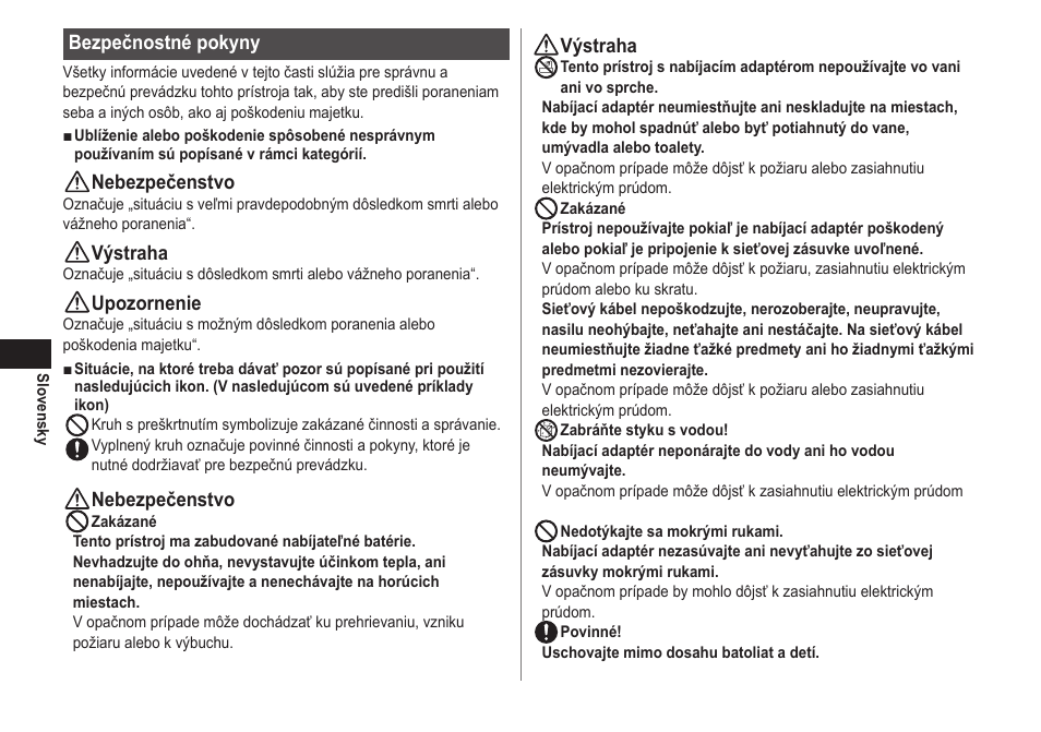 Bezpečnostné pokyny, Nebezpečenstvo, Výstraha | Upozornenie | Panasonic EWDJ40 User Manual | Page 132 / 172