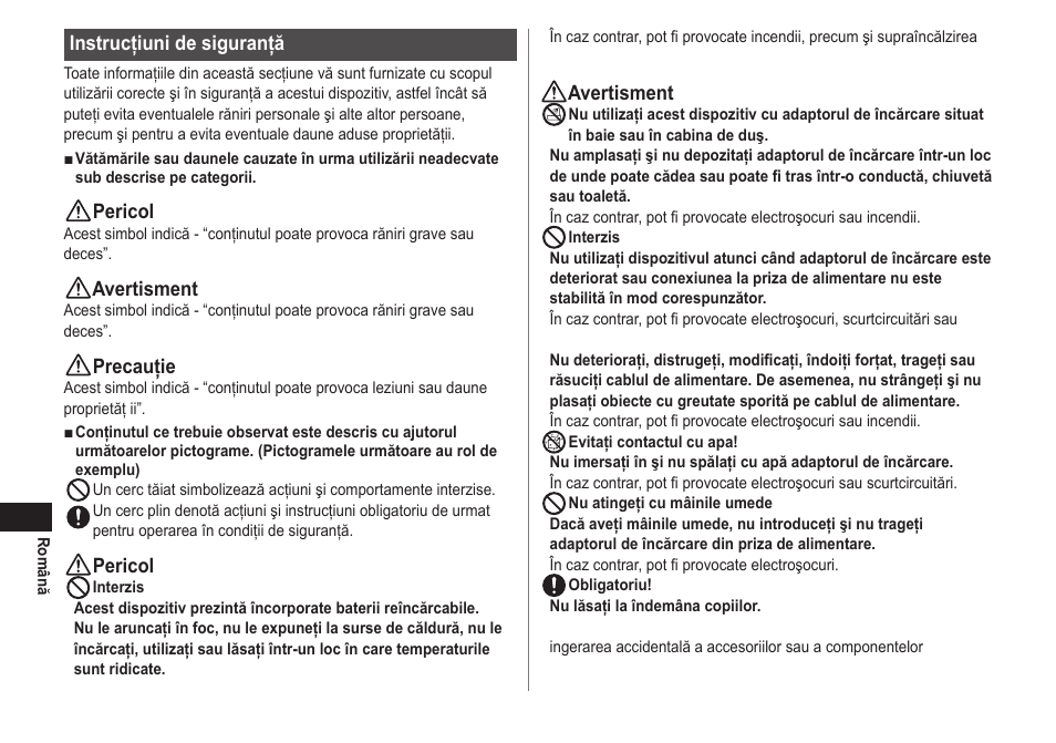 Instrucţiuni de siguranţă, Pericol, Avertisment | Precauţie | Panasonic EWDJ40 User Manual | Page 152 / 172