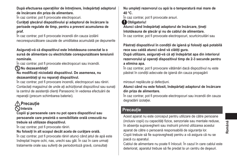 Precauţie | Panasonic EWDJ40 User Manual | Page 153 / 172