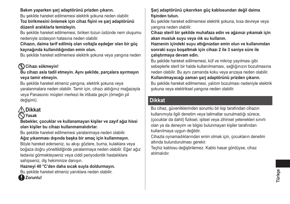 Dikkat | Panasonic EWDJ40 User Manual | Page 163 / 172