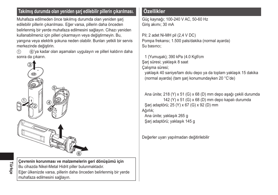 Özellikler | Panasonic EWDJ40 User Manual | Page 170 / 172