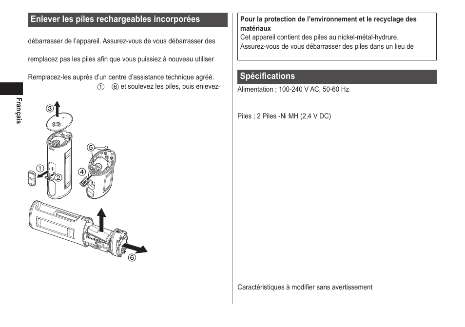 Spécifications, Enlever les piles rechargeables incorporées | Panasonic EWDJ40 User Manual | Page 30 / 172