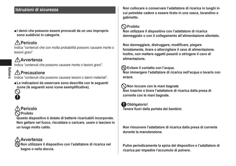 Istruzioni di sicurezza, Pericolo, Avvertenza | Precauzione | Panasonic EWDJ40 User Manual | Page 32 / 172