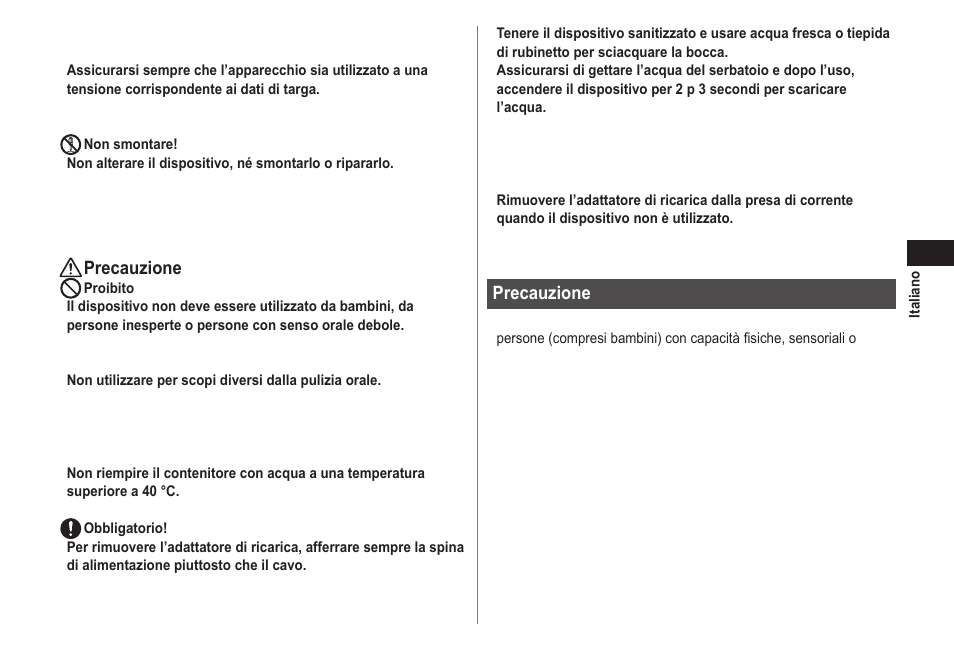 Precauzione | Panasonic EWDJ40 User Manual | Page 33 / 172
