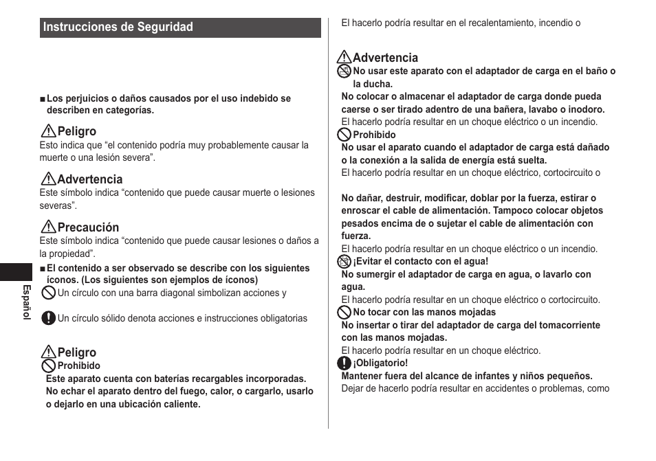 Instrucciones de seguridad, Peligro, Advertencia | Precaución | Panasonic EWDJ40 User Manual | Page 52 / 172