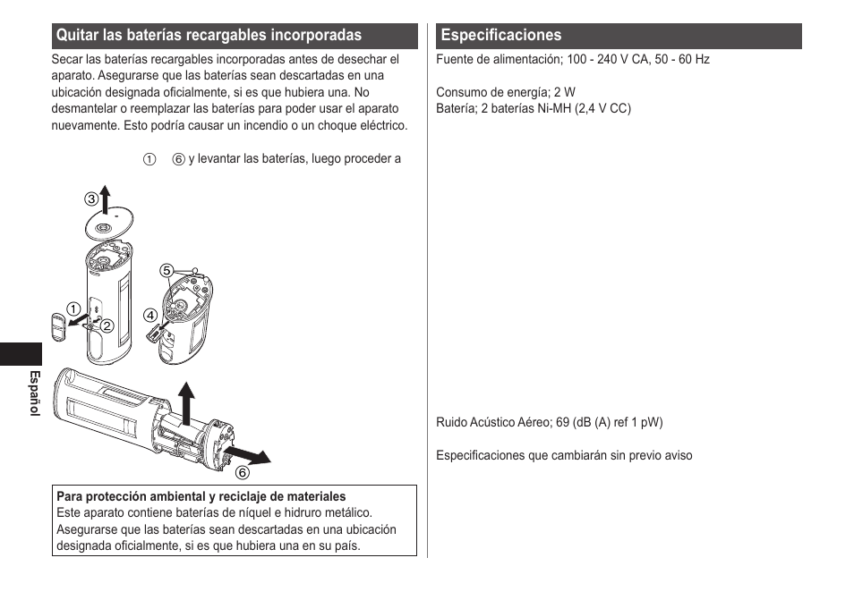 Especificaciones, Quitar las baterías recargables incorporadas | Panasonic EWDJ40 User Manual | Page 60 / 172