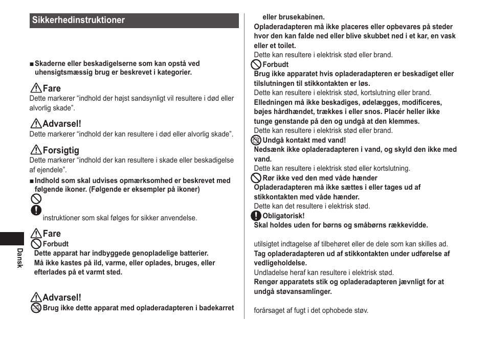 Sikkerhedinstruktioner, Fare, Advarsel | Forsigtig | Panasonic EWDJ40 User Manual | Page 62 / 172