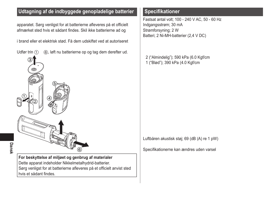 Specifikationer, Udtagning af de indbyggede genopladelige batterier | Panasonic EWDJ40 User Manual | Page 70 / 172