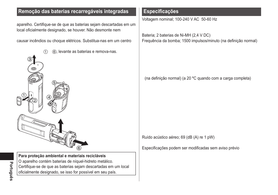 Especificações, Remoção das baterias recarregáveis integradas | Panasonic EWDJ40 User Manual | Page 80 / 172