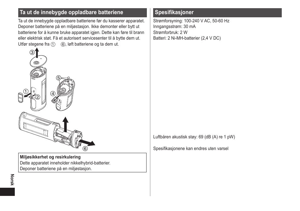 Spesifikasjoner, Ta ut de innebygde oppladbare batteriene | Panasonic EWDJ40 User Manual | Page 90 / 172