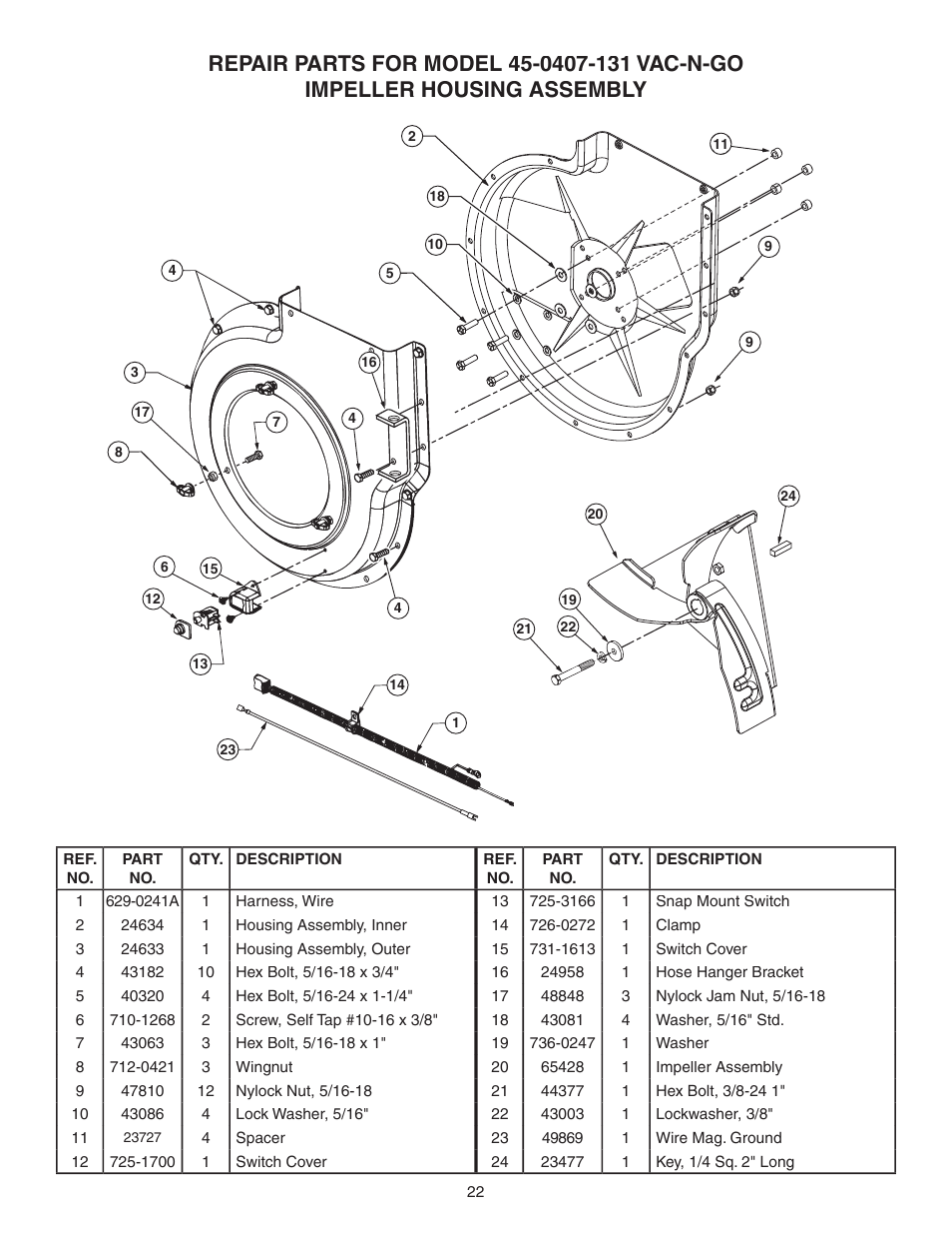 Repair, Parts, Model | Impeller, Housing, Assembly | Agri-Fab Vac-N-Go 45-0407-131 User Manual | Page 5 / 5