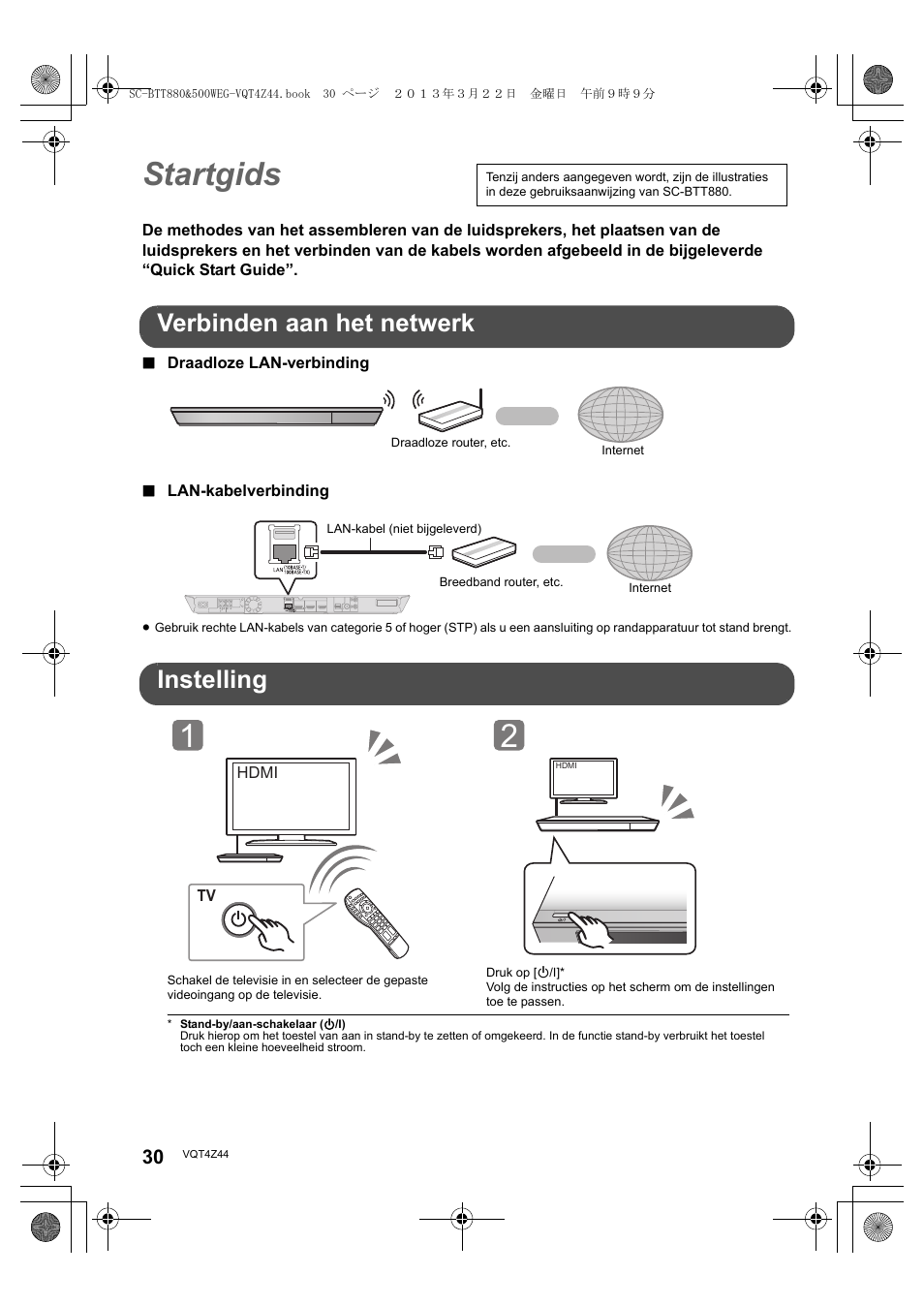 Startgids, Verbinden aan het netwerk, Instelling | Panasonic SCBTT880EG User Manual | Page 30 / 84