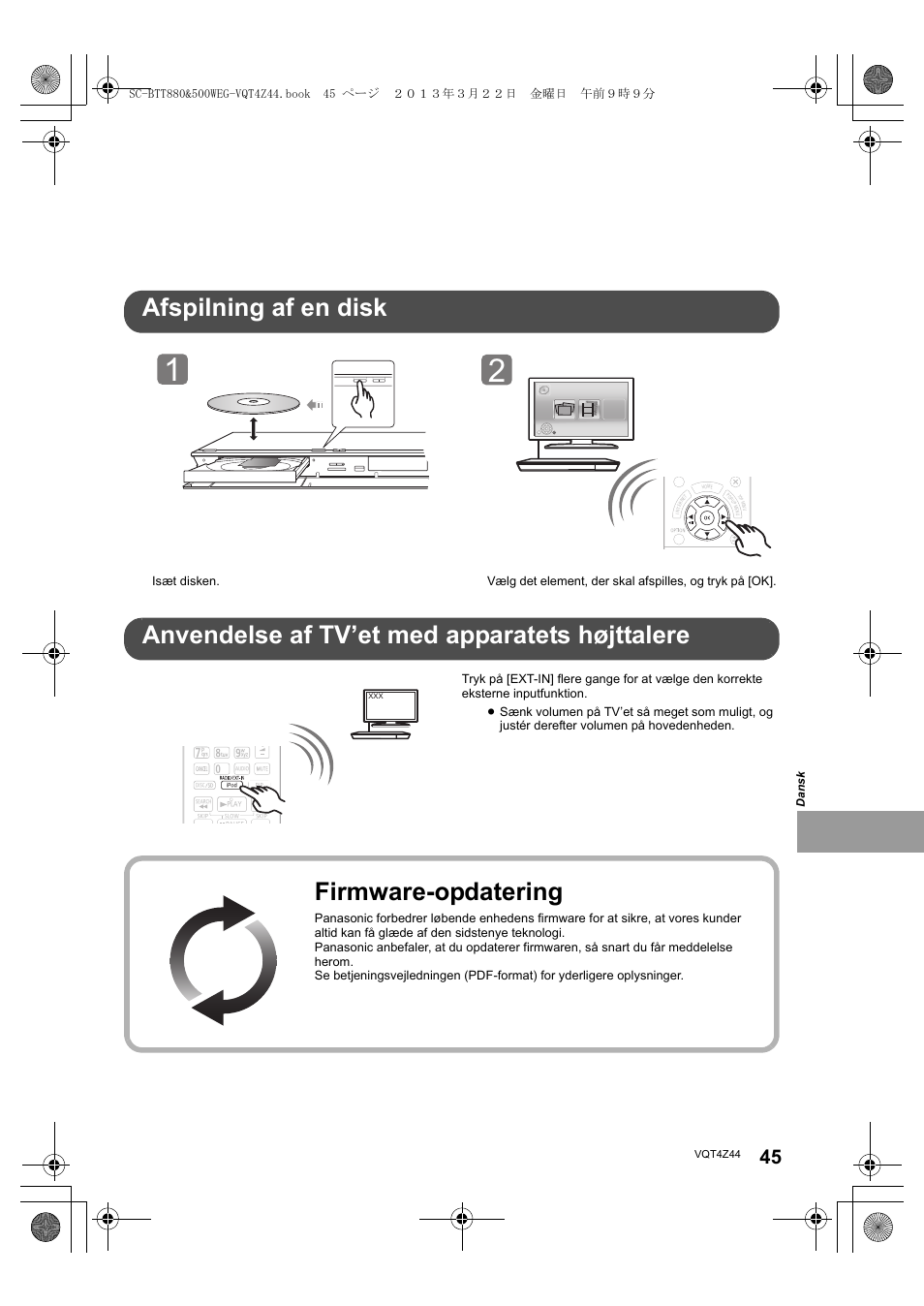 Firmware-opdatering, Open/close | Panasonic SCBTT880EG User Manual | Page 45 / 84