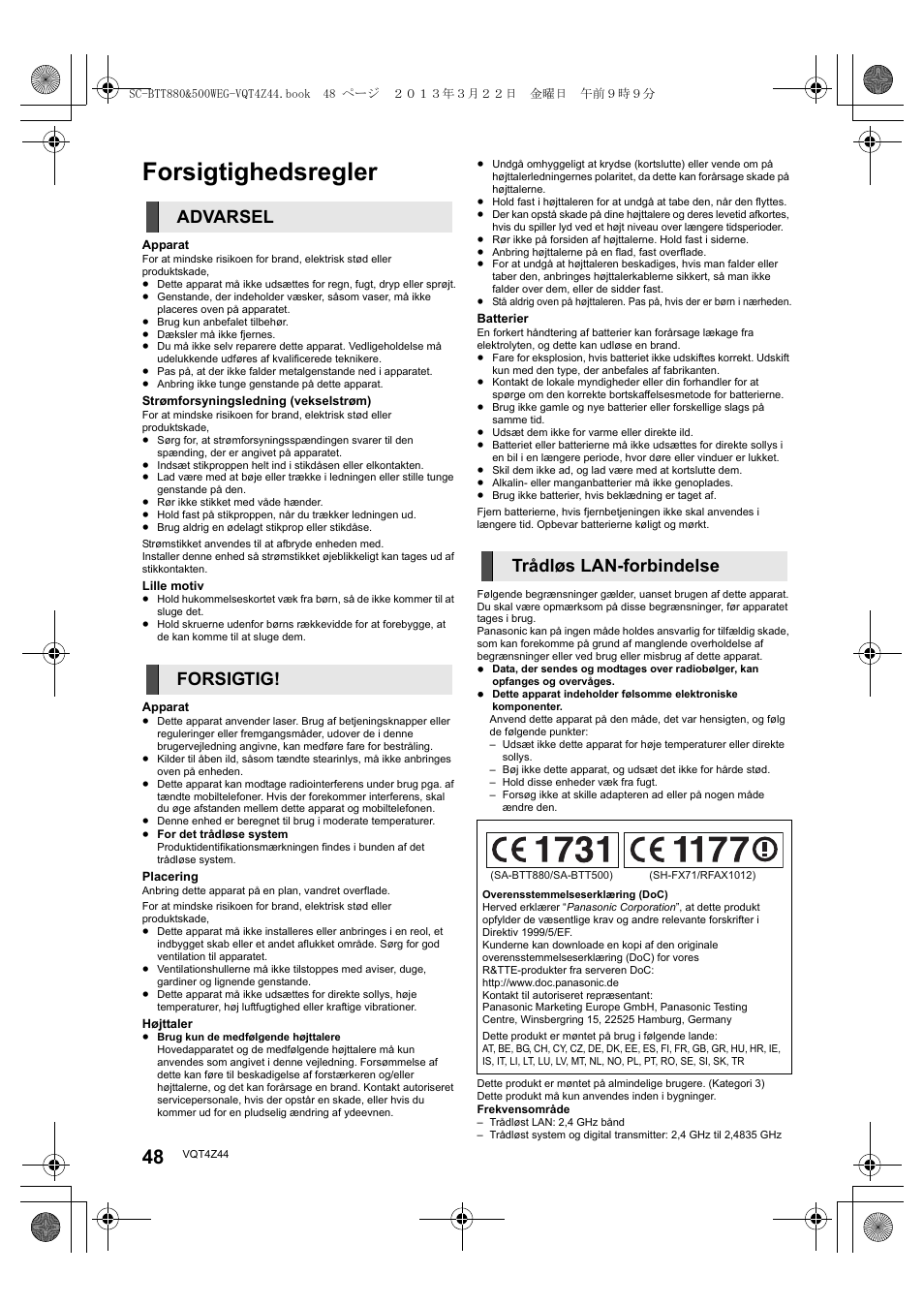 Forsigtighedsregler, Advarsel forsigtig! trådløs lan-forbindelse | Panasonic SCBTT880EG User Manual | Page 48 / 84