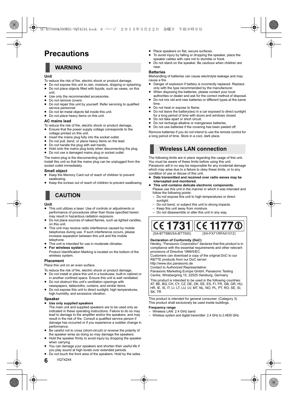 Precautions, Warning caution wireless lan connection | Panasonic SCBTT880EG User Manual | Page 6 / 84