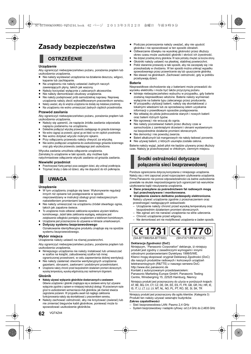 Zasady bezpieczeństwa | Panasonic SCBTT880EG User Manual | Page 62 / 84