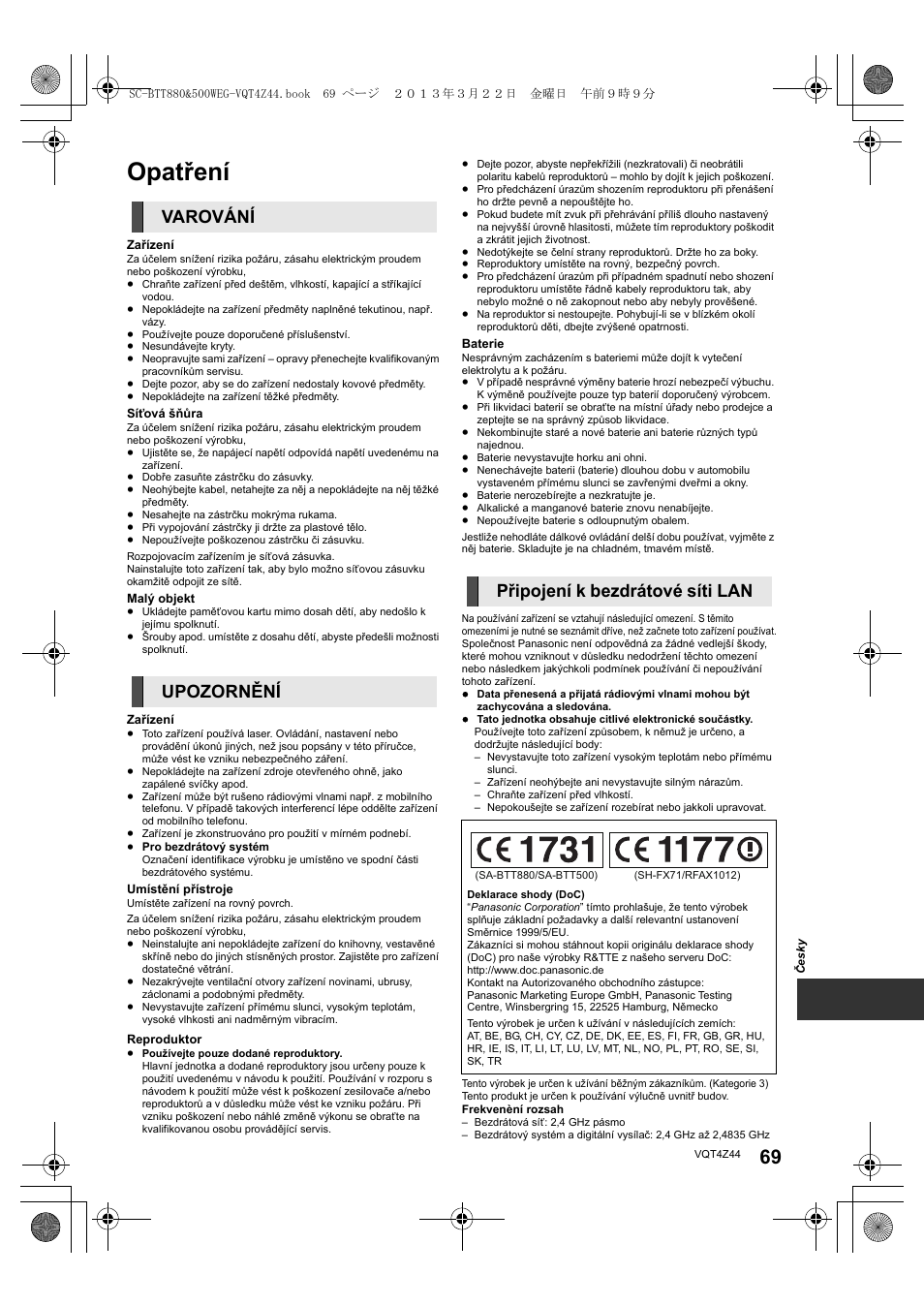 Opatření | Panasonic SCBTT880EG User Manual | Page 69 / 84