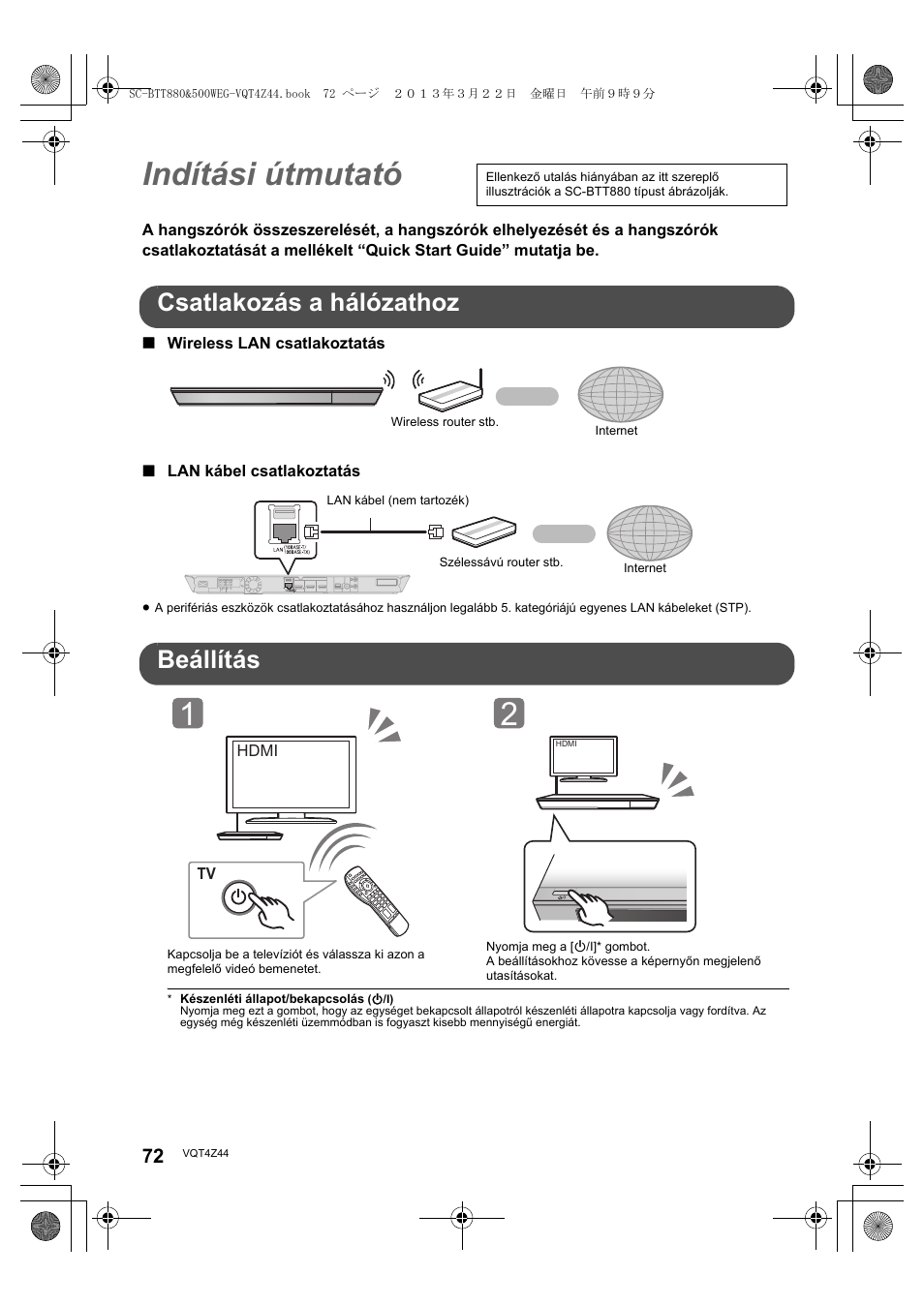 Indítási útmutató, Csatlakozás a hálózathoz, Beállítás | Panasonic SCBTT880EG User Manual | Page 72 / 84