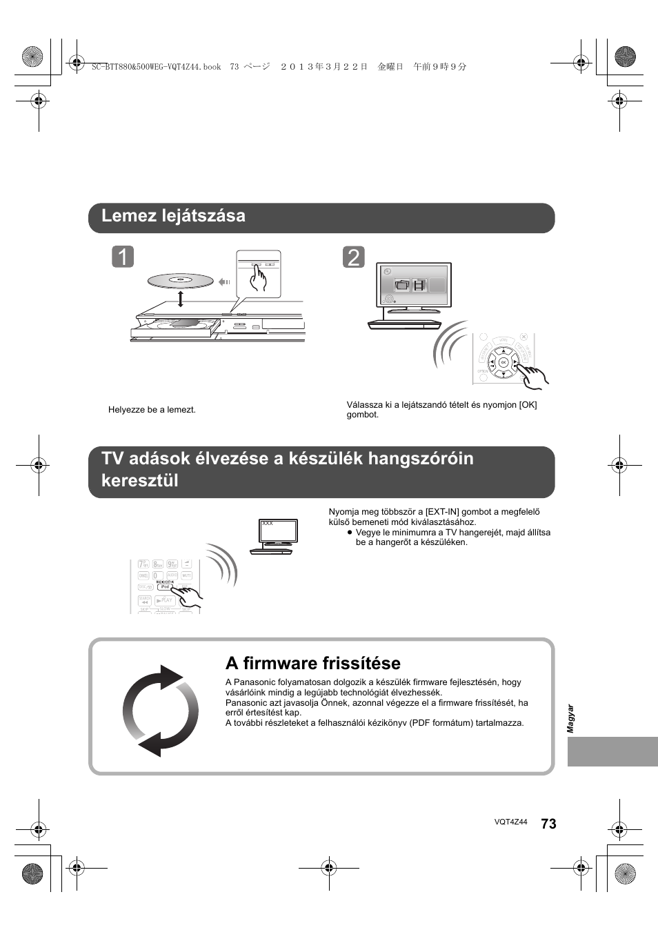 A firmware frissítése, Open/close | Panasonic SCBTT880EG User Manual | Page 73 / 84