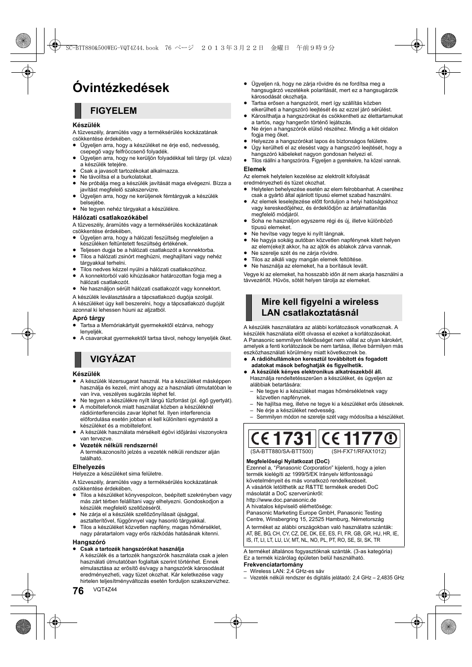 Óvintézkedések | Panasonic SCBTT880EG User Manual | Page 76 / 84