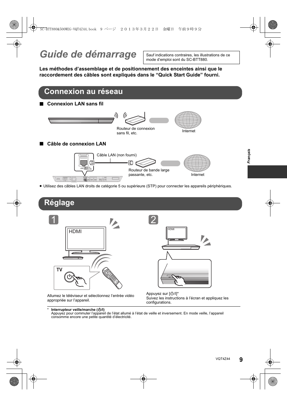 Guide de démarrage, Connexion au réseau, Réglage | Panasonic SCBTT880EG User Manual | Page 9 / 84