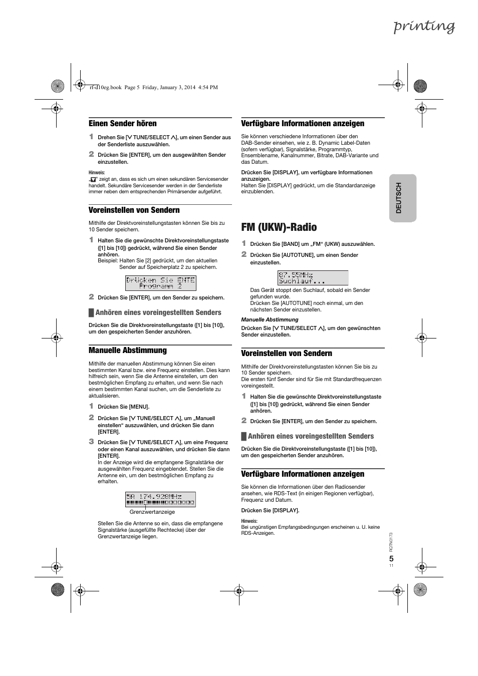 Printing, Fm (ukw)-radio, Einen sender hören | Voreinstellen von sendern, Manuelle abstimmung, Verfügbare informationen anzeigen | Panasonic RFD10EB User Manual | Page 11 / 56