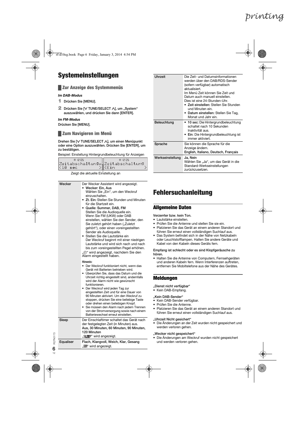 Printing, Systemeinstellungen, Fehlersuchanleitung | Allgemeine daten, Meldungen, Zur anzeige des systemmenüs, Zum navigieren im menü | Panasonic RFD10EB User Manual | Page 12 / 56