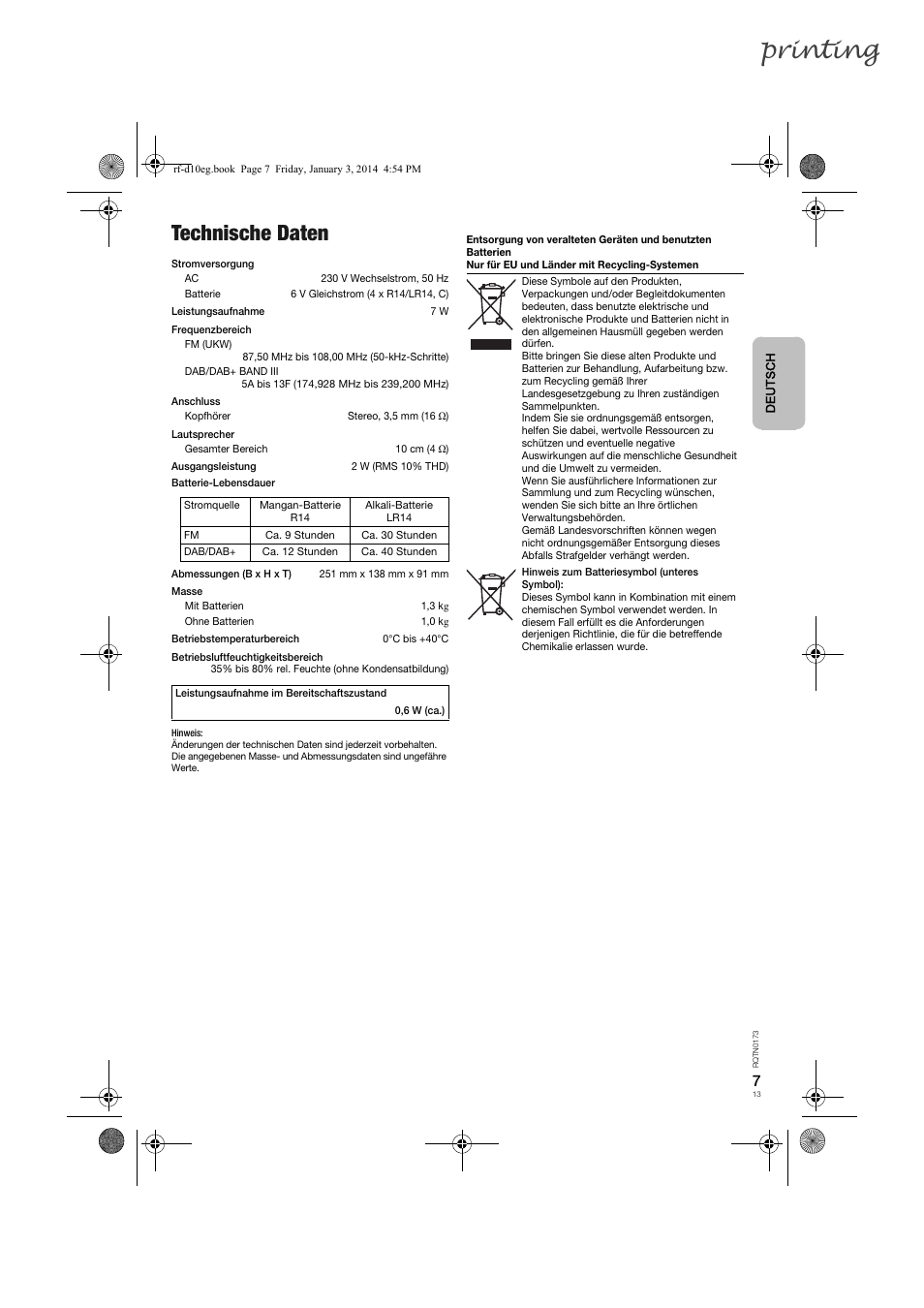 Printing, Technische daten | Panasonic RFD10EB User Manual | Page 13 / 56