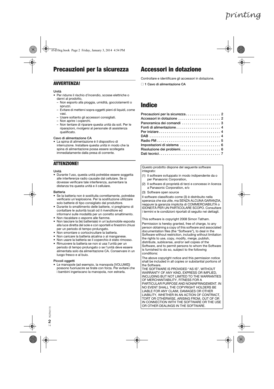 Printing, Precauzioni per la sicurezza, Accessori in dotazione | Indice, Avvertenza, Attenzione | Panasonic RFD10EB User Manual | Page 14 / 56