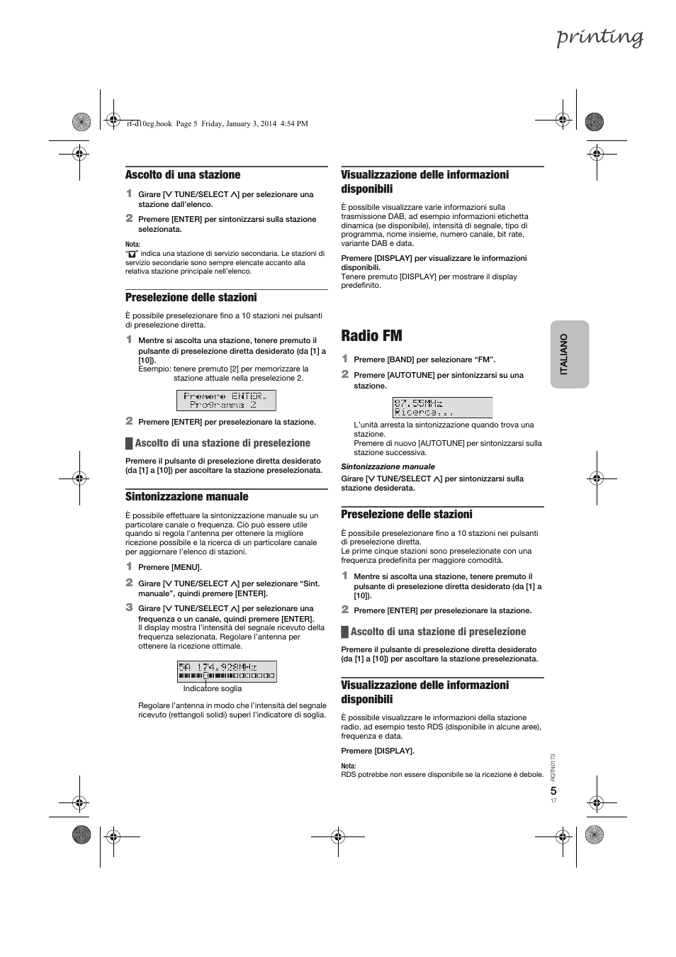 Printing, Radio fm, Ascolto di una stazione | Preselezione delle stazioni, Sintonizzazione manuale, Visualizzazione delle informazioni disponibili | Panasonic RFD10EB User Manual | Page 17 / 56