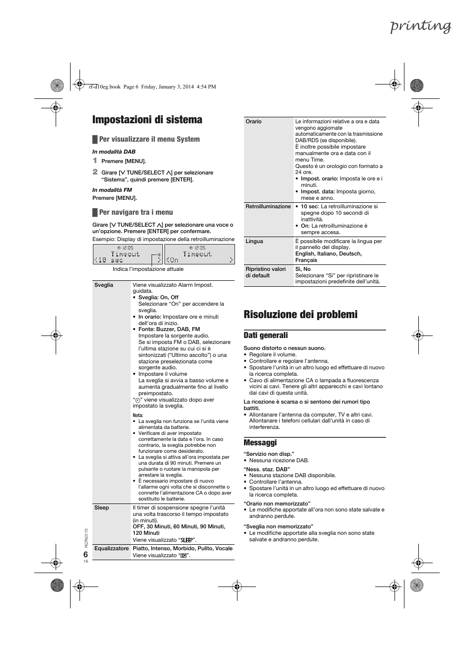 Printing, Impostazioni di sistema, Risoluzione dei problemi | Dati generali, Messaggi, Per visualizzare il menu system, Per navigare tra i menu | Panasonic RFD10EB User Manual | Page 18 / 56