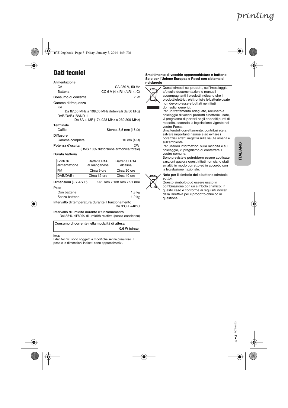 Printing, Dati tecnici | Panasonic RFD10EB User Manual | Page 19 / 56