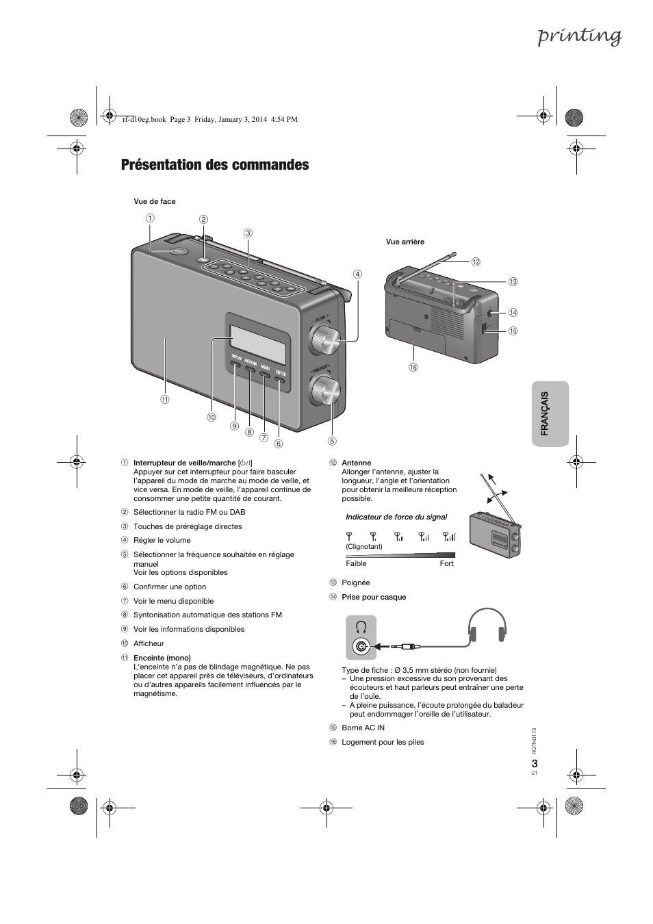 Printing, Présentation des commandes | Panasonic RFD10EB User Manual | Page 21 / 56