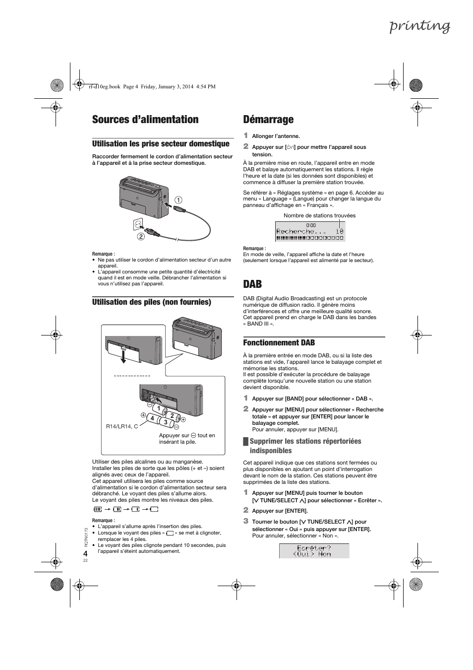 Printing, Sources d’alimentation, Démarrage | Utilisation les prise secteur domestique, Utilisation des piles (non fournies), Fonctionnement dab | Panasonic RFD10EB User Manual | Page 22 / 56