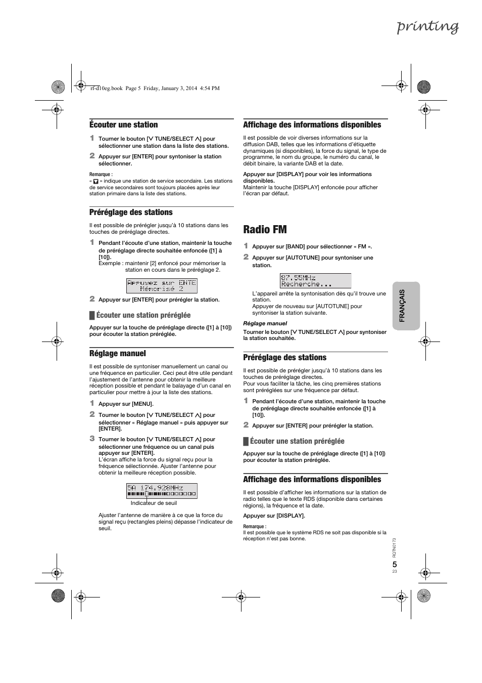 Printing, Radio fm, Écouter une station | Préréglage des stations, Réglage manuel, Affichage des informations disponibles | Panasonic RFD10EB User Manual | Page 23 / 56