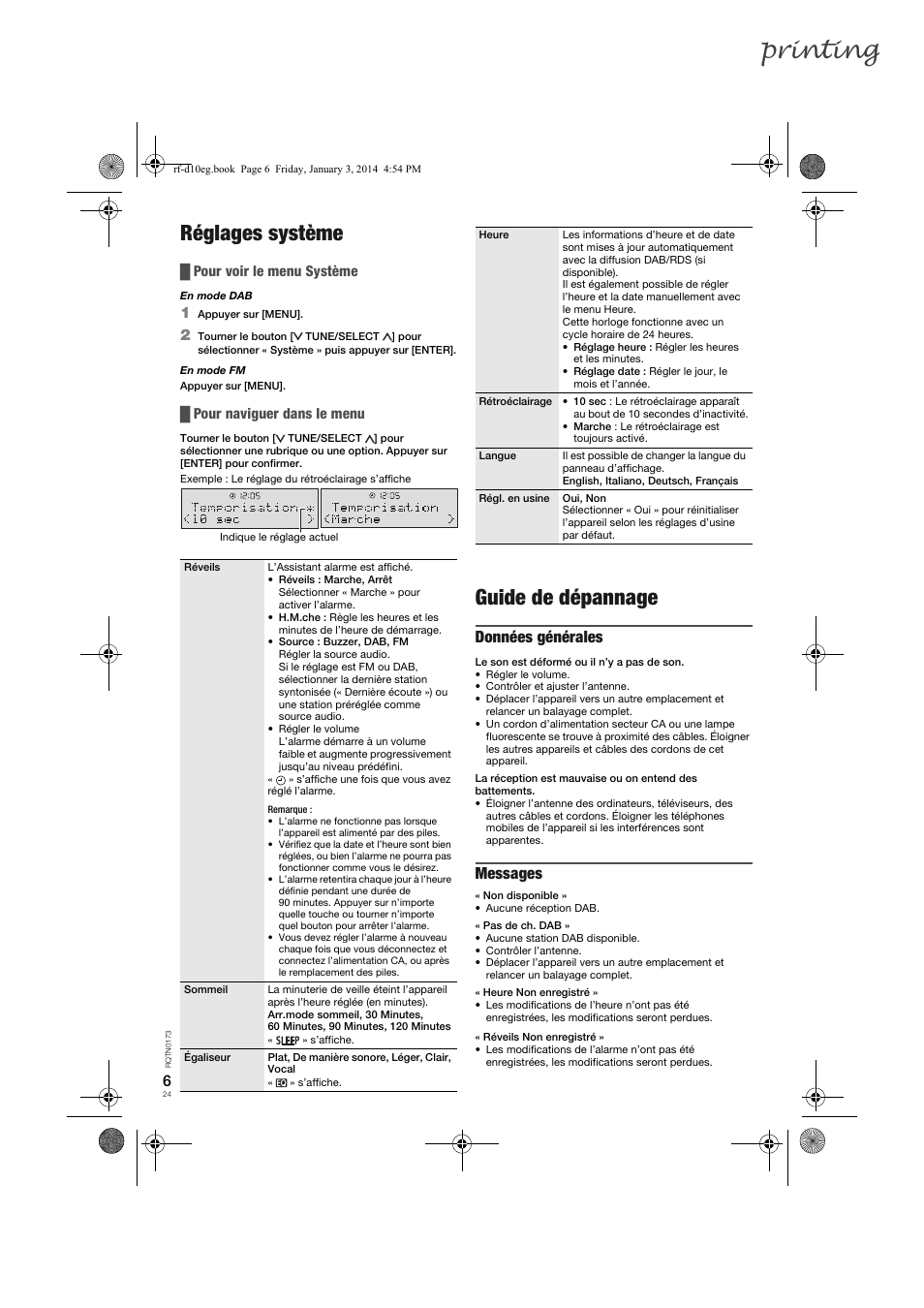 Printing, Réglages système, Guide de dépannage | Données générales, Messages, Pour voir le menu système, Pour naviguer dans le menu | Panasonic RFD10EB User Manual | Page 24 / 56